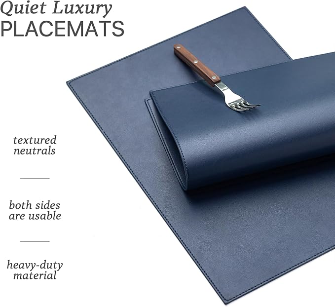 Faux Leather Placemats Set of 6 Vinyl Washable Wipeable Table Mats for Kitchen Dining Table Heat Resistant Waterproof Modern Indoor/Outdoor Placemats Non-Slip Easy Clean Place Mats (Navy Blue)