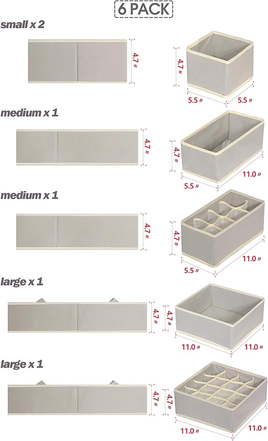 TENABORT 6 Pack Foldable Drawer Organizer Dividers Cloth Storage Box Closet Dresser Organizer Cube Fabric Containers Basket Bins for Underwear Bras Socks Panties Lingeries Nursery Baby Clothes Gray