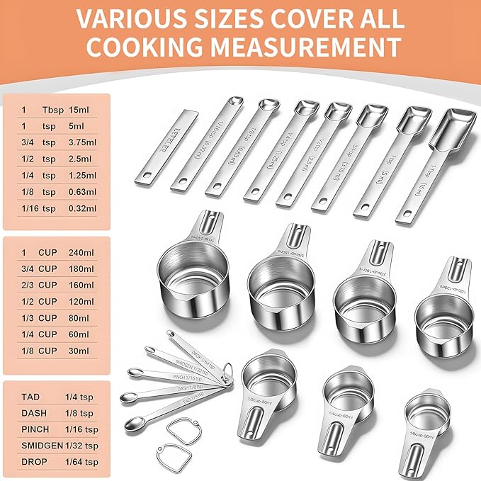 EWFEN Measuring Cups and Spoons Set, 7 Stainless Steel Nesting Measuring Cups & 7 Spoons, 5 Mini Measuring Spoons &1 Leveler, Kitchen Gadgets for Cooking & Baking, Square