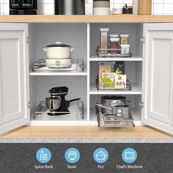 ZOINLIY Pull Out Cabinet Organizer, Versatile Slide Out Kitchen Organizers and Storage,Heavy Duty Drawer Cupboard Storage Basket, Smooth Sliding, Chrome Finish (26.8 * 21inch)