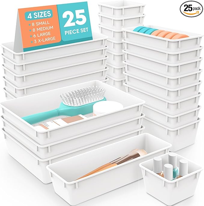 SpaceHacks 25 PCS Plastic Drawer Organizer Set, 4-Size Versatile Organizer Trays & storage Bins for Makeup, Jewelry, and Gadgets in Bathroom, Bedroom and Office, White