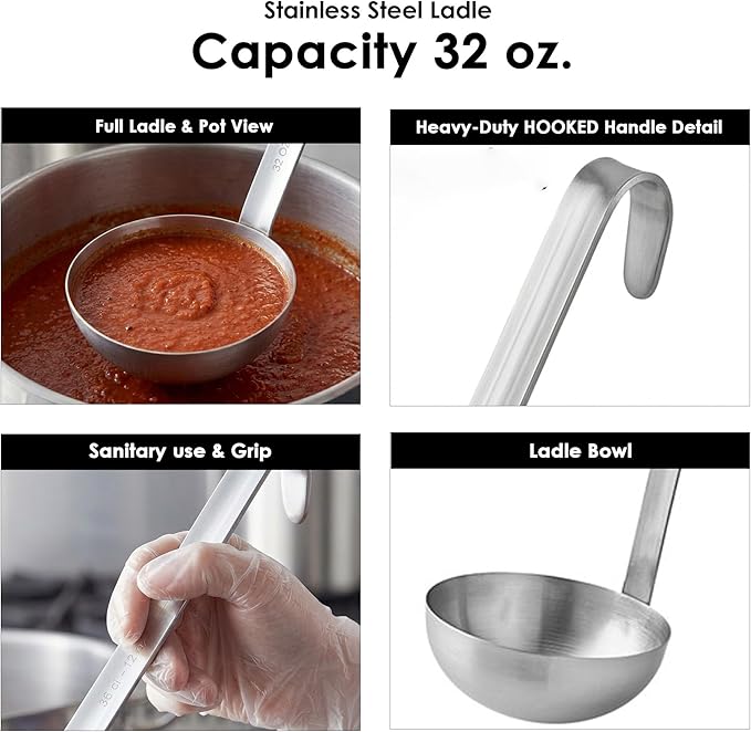 Stainless Steel Ladle, 32 oz – Heavy-Duty 2-Piece Construction, Long Handle, Hooked Design for Easy Storage – Perfect for Soup, Stew, Chili, Sauce, and Commercial Kitchens (1, 32 Oz)