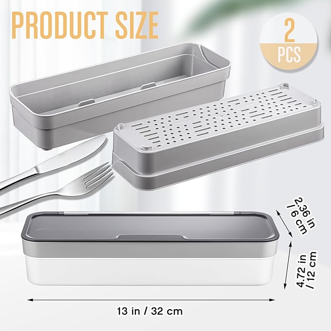 LemonRoad 2 Pcs Plastic Kitchen Drawer Organizer with Lid and Drainer, Utensil Organizer, Gray Flatware Storage Box and Drain Rack Suitable for Home Kitchen, Spoons, Forks, Knive, Silverware Flatware