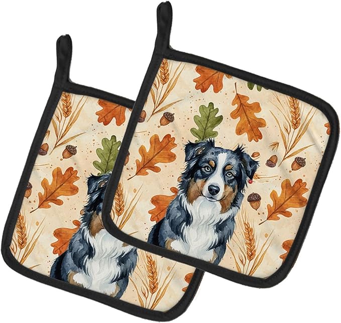 Caroline's Treasures Black Australian Shepherd Heirloom Fall Pair of Pot Holders Pair 7.5x7.5 Quilted Insulated Hot Pads Decorative Kitchen Gift Made in USA