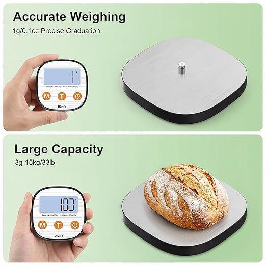 Rechargeable Kitchen Food Scale, Diyife 33lb Wireless Digital Kitchen Scale with Remote Display, 7 Units with Backlit LCD, Magnetic Stand USB Included, for Baking, Cooking, Postage (Round, Silver)