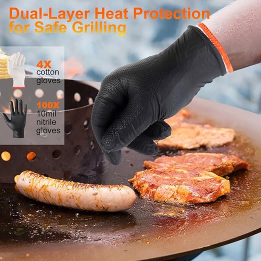 ANBOSON BBQ Gloves for Cooking Baking Grilling, 100 Count Disposable Nitrile Gloves and 4 Count Cotton Glove Liners Washable (10mil Nitrile, X-Large)