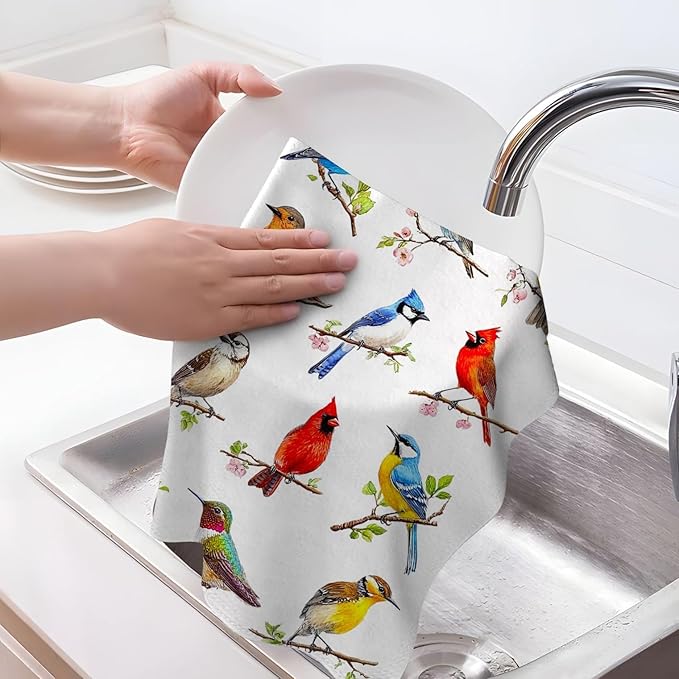 Birds on Branch Kitchen Towels Decorative Set of 4, Absorbent Cardinal Hummingbird Dish Towels for Cooking Baking, Bird Gifts for Bird Lovers Women, Hand & Tea Towel for Kitchen Bar Christmas Decor