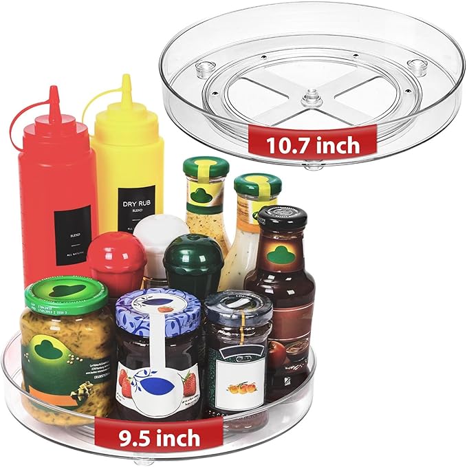 Optish 2 Pack Lazy Susan Organizer, 9.5 Inch, 10.7 Inch Lazy Susan Turntable for Cabinet, Turntable Organizer for Pantry Organizers and Storage, Non-Skid Fridge Organizer