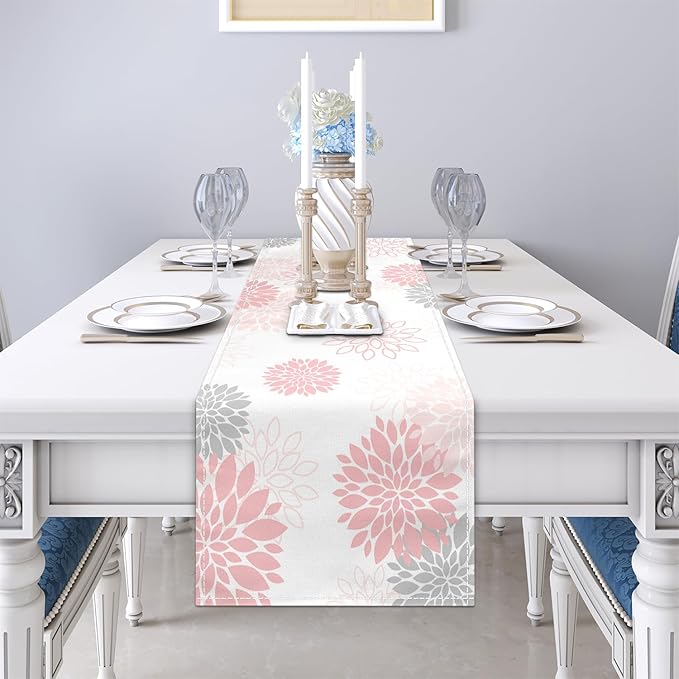 Dahlia Flower Table Runner 13x90 Inch Farmhouse Pink Gray Runners Modern Table Decorations Rustic Geometric Coffee Table Runner for Home Kitchen Dining Room Party (13"x90", Dahlia Floral-Pink)