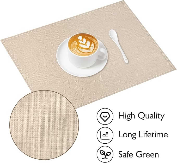 Niviy Beige Placemats Set of 6, 12x18 Inch Washable Easy to Clean Heat-Resistant Anti-Skid Beige Placemats for Holiday Party Kitchen Dining Room Decoration