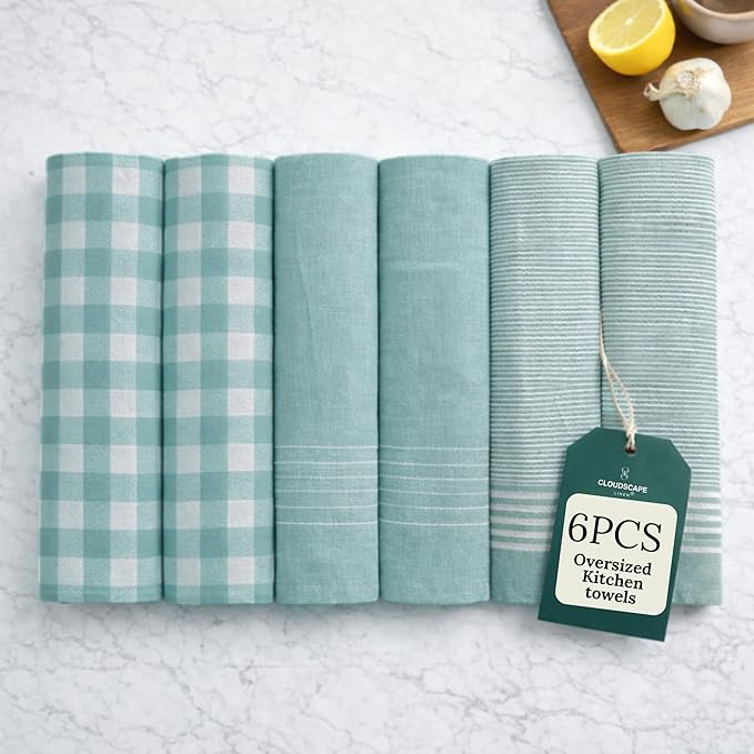 CLOUDSCAPE Kitchen Towels Set of 6 : Cotton-Blended Dish Cloths, Waffle Weave Quick-Drying Dish Towels for Easter Kitchen Accessories, Highly Absorbent, 18”x28” Hand Towels with Hanging Loop - Aqua
