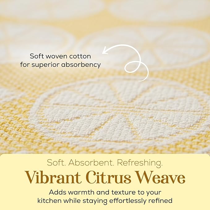 MosJos Kitchen Towels Set of 4 Premium Hand Towels 18 x 28 Inch Large Tea Towels for Drying & Decor - Soft, Absorbent Cotton Yellow Ribbed and Lemon Citrus Weave Cute Hand Towels - Housewarming Gift