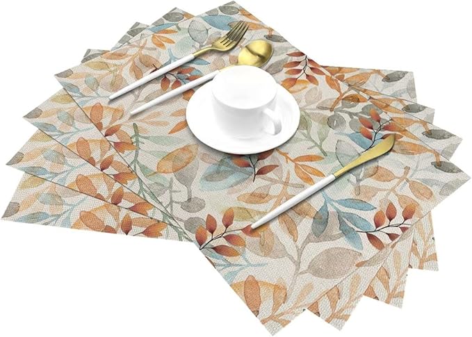 Fall Colourful Leave Placemats 12x18 Inch Set of 4, Beige Eucalyptus Leaves Table Place Mat Seasonal Autumn Washable Table Mats Decorative Linen Fabric Table Mat for Dining Table