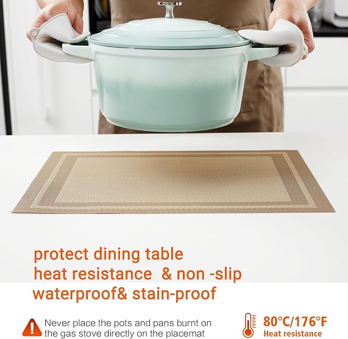 Placemats Set of 6,Washable,Heat and Stain Resistant Indoor/Outdoor Place mats,Vinyl Woven Non Slip Table Mats for Restaurant Table Protection,PVC Placemats(Beige,6PCS)