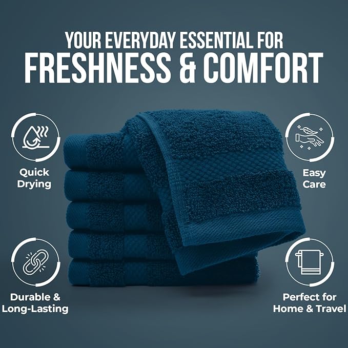 DAN RIVER 12-Pack Premium 100% Cotton Blue Opal Face Towels for Bathroom - Reusable Face Wash Cloths for Showering 12x12 Inches - 550 GSM Super Soft & Absorbent Luxury WashCloths for Body, Spa & Gym