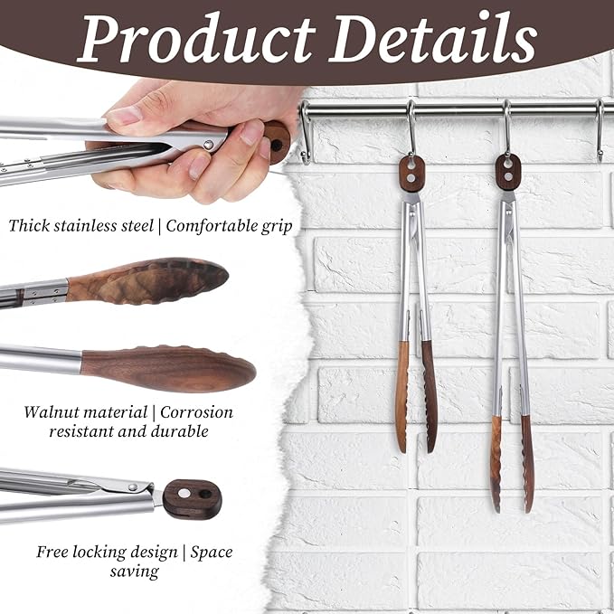 2 Pcs Wooden Tongs for Cooking, 9 & 10 Inch Durable Salad Tongs with Walnut Wood Tip Multifunctional Stainless Steel Handle Kitchen Tong for Serving Food, Bread, BBQ, Tossing Salad - Lock Dsign