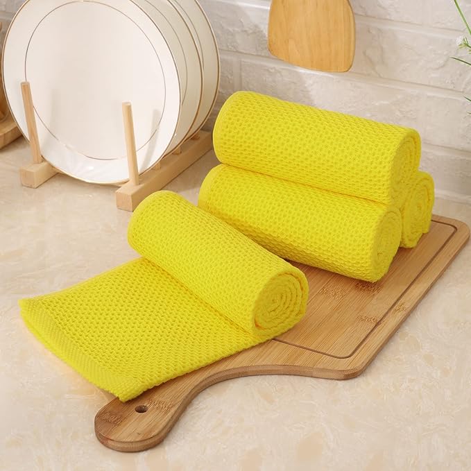 Kitinjoy 100% Cotton Waffle Weave Kitchen Hand Towels (13 x 28 Inches, Yellow), 4-Pack Super Soft and Absorbent Dish Towels for Drying Dishes