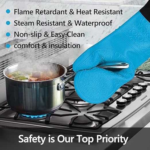 Silicone Oven Mitts and Pot Holders Set, MTZRFLL Extra Long Heat Resistant Oven Gloves with Hot Pads and Mini Oven Mittens for Grilling, Kitchen Cooking Baking, Soft Quilted Lining, Pack of 6 (Blue)