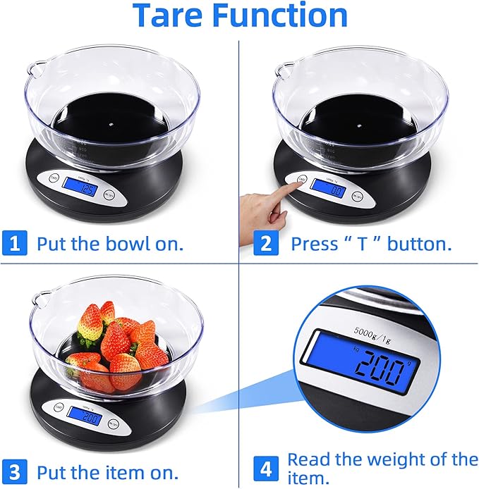 THINKSCALE Digital Kitchen Scale, Highly Accurate 5000g/11lb x 0.1oz, Food Scale for Cooking, Baking and Weight Loss, Kitchen Scale with Bowl 2 Modes and Tare Features, Back-lit LCD Display