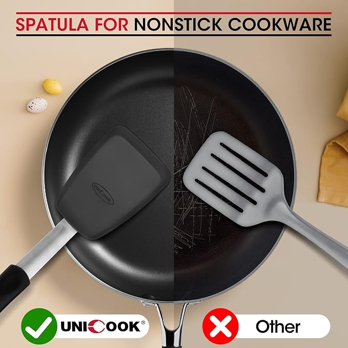 Unicook 4 Pack Flexible Silicone Spatula, Turner, 600F Heat Resistant, Ideal for Flipping Eggs, Burgers, Crepes and More, Black