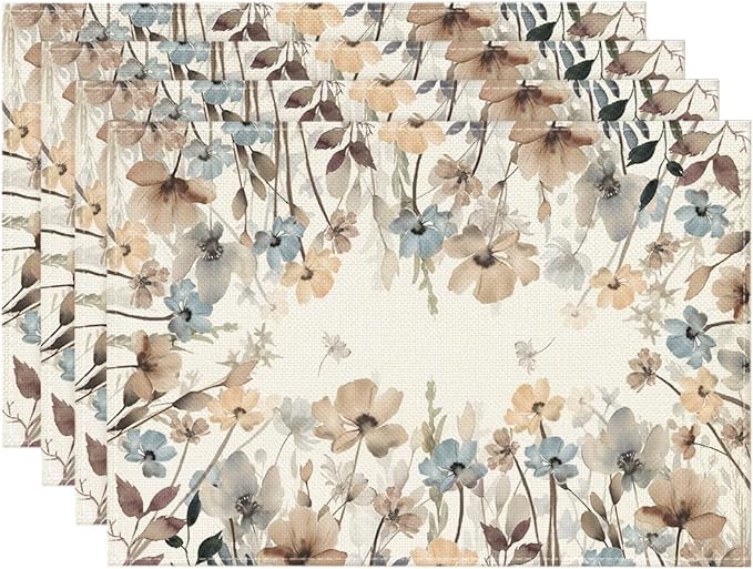Artoid Mode Brown Poppy Flowers Floral Blossom Summer Placemats Set of 4,12x18 Inch Seasonal Fall Table Mats for Party Kitchen Dining Decoration