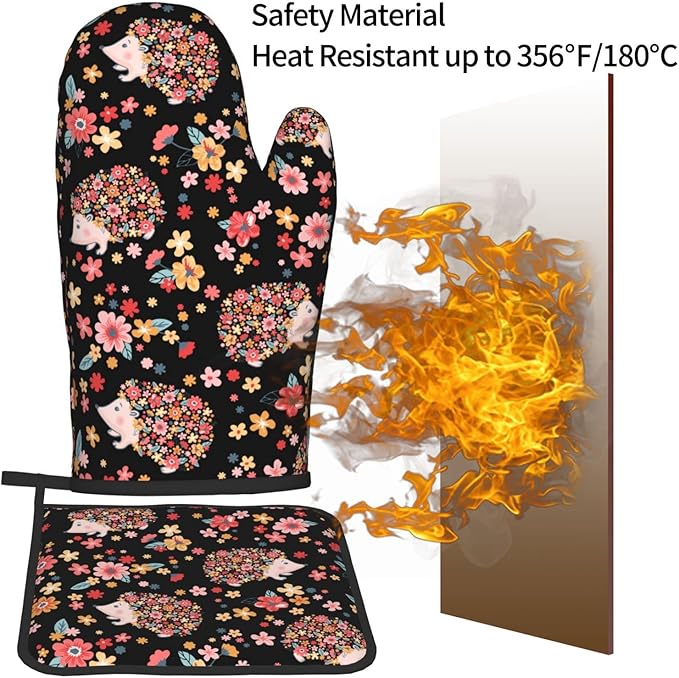 Flowers and Cute Hedgehogs Oven Mitts and Pot Holders Heat Resistant Oven Mitts Safe for Baking Cooking BBQ