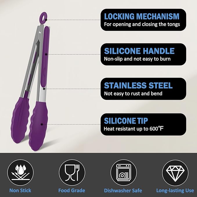 Tongs for Cooking, 600ºF High Heat-Resistant Stainless Steel Kitchen Tongs with Silicone Tips, Non Scratch, Locking Tong for BBQ Grilling Air Fryer Food Salads, Set of 2 (9" and 12") Purple