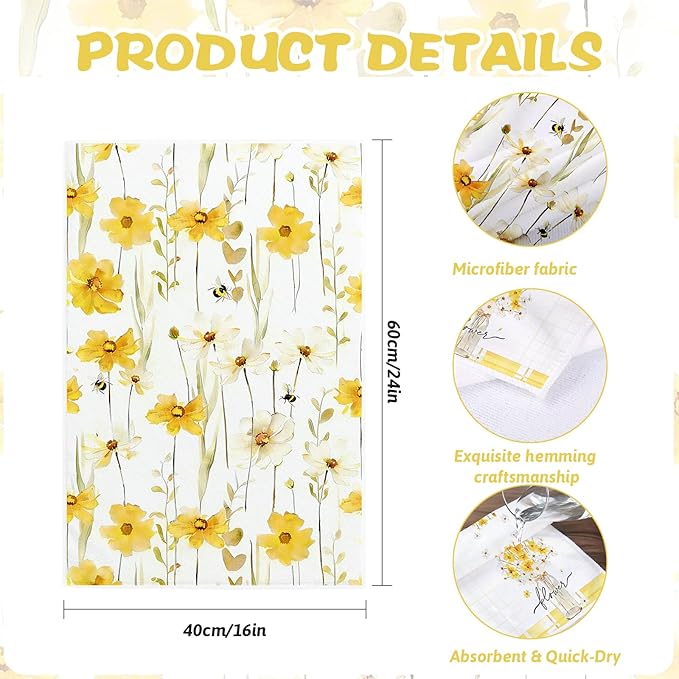 Yellow Floral Kitchen Towels Set of 4 – 16x24 Inch Cute Watercolor Daisy Bee Dish Towels, Soft Absorbent Hand Towels for Kitchen, Spring Summer Home Decor, Housewarming & Birthday Gift for Women