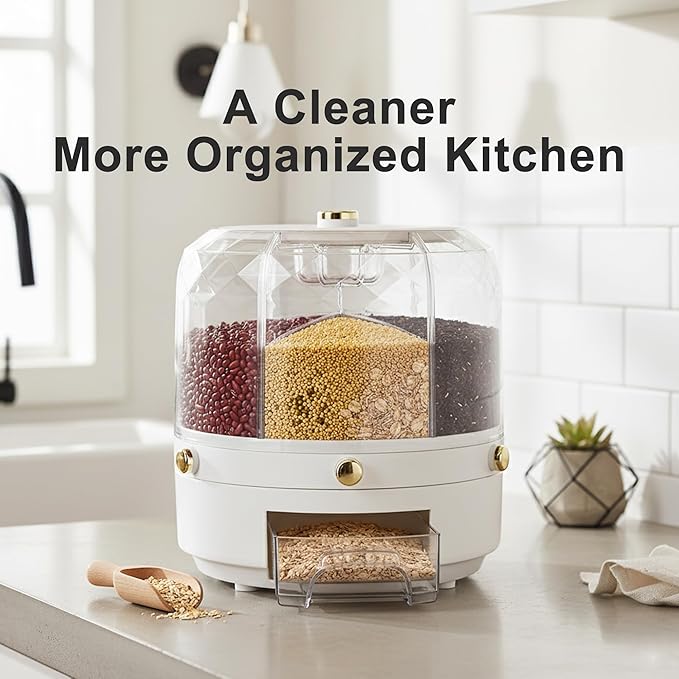 6-Compartment Rotating Grain Dispenser for Kitchen Pantry, One-Press Dry Food Storage Container for Rice, Beans, Oats, Cereal, Clear Multi-Section Food Organizer