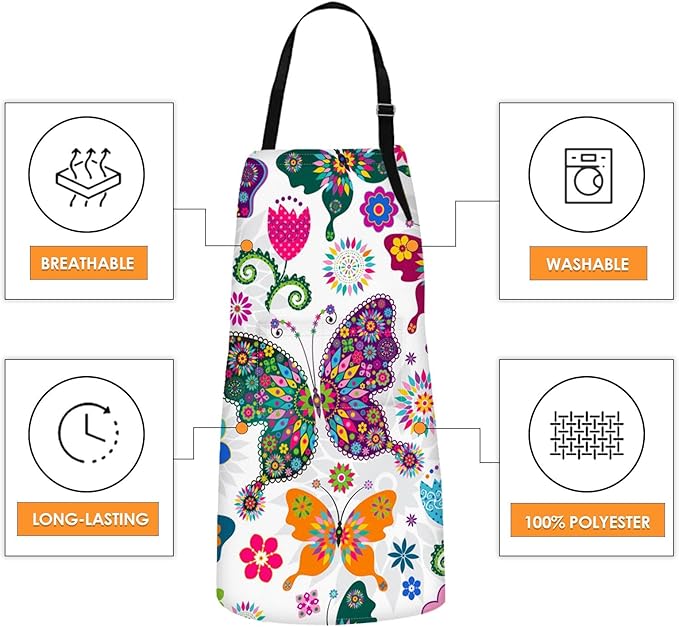 Britimes Butterfly Apron Floral Colorful Butterflies Flowers Aprons Kitchen Cooking Gardening for Women With Pockets