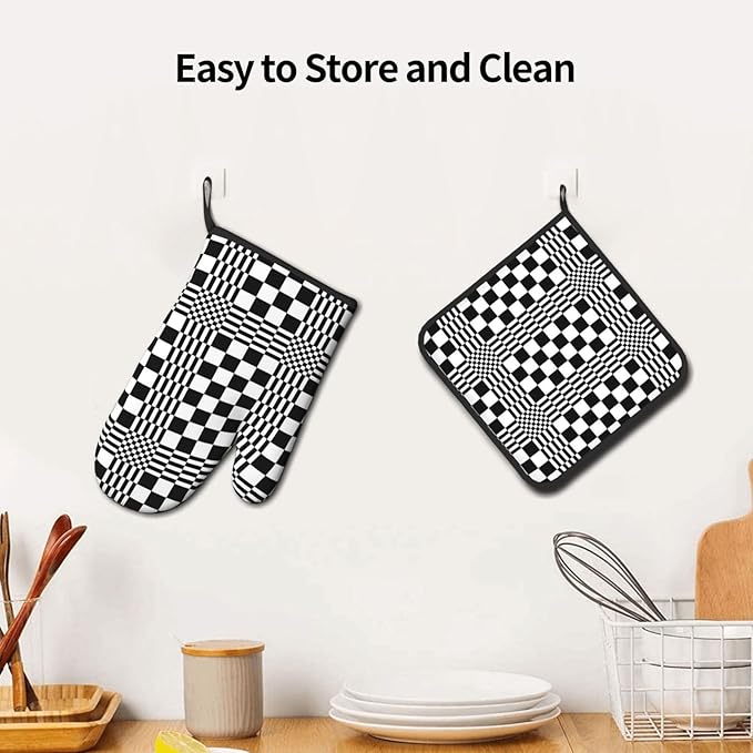 Black and White Optical Illusion Checkered Oven Mitt & Pot Holder Set (3-Piece) - Heat Resistant Non-Slip Kitchen Gloves Gift for Cooking Enthusiasts, Modern Kitchen Decor for Baking Grilling, Black