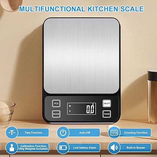 22lb Waterproof IPX67 Kitchen Scale with 0.1g/0.001oz High Precision, Diyife Large Stainless Steel Food Scale, 10 Unit, Washable, Hangable, USB Rechargeable, LCD Display, for Cooking, Baking