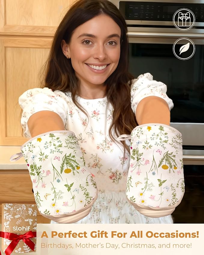 Slohif Mini Oven Mitts Set – Extended Short Heat Resistant Kitchen Gloves for Women, 100% Cotton Oven Mitts with Silicone Grips, Non-Slip and Thick Durable for Cooking & Baking，White