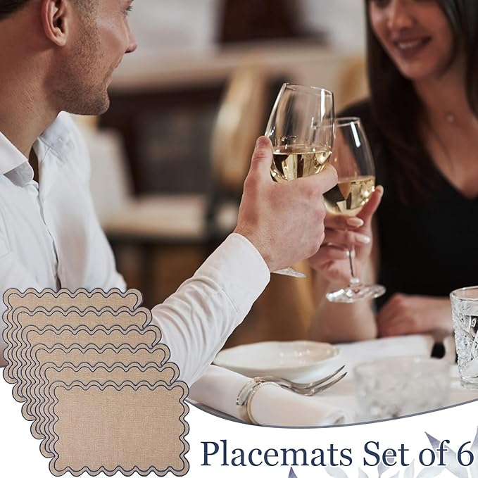HunnmingRe Set of 6 Cotton Linen Placemats, 13x19 Inch Scalloped Wavy Embroidery Placemat Double Layered Washable Rustic Rectangle Dinner Table Mats for Wedding Home Decor(Linen with Blue)