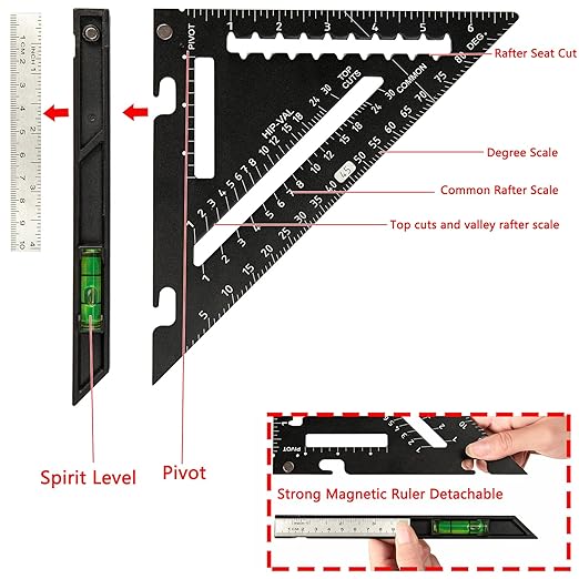 Beslands 7 inch Rafter Square with Level, Aluminum Metal Triangle Ruler Carpenter Square Woodworking Layout Tool Aluminum Triangle Tool Stainless Steel Ruler (Black)