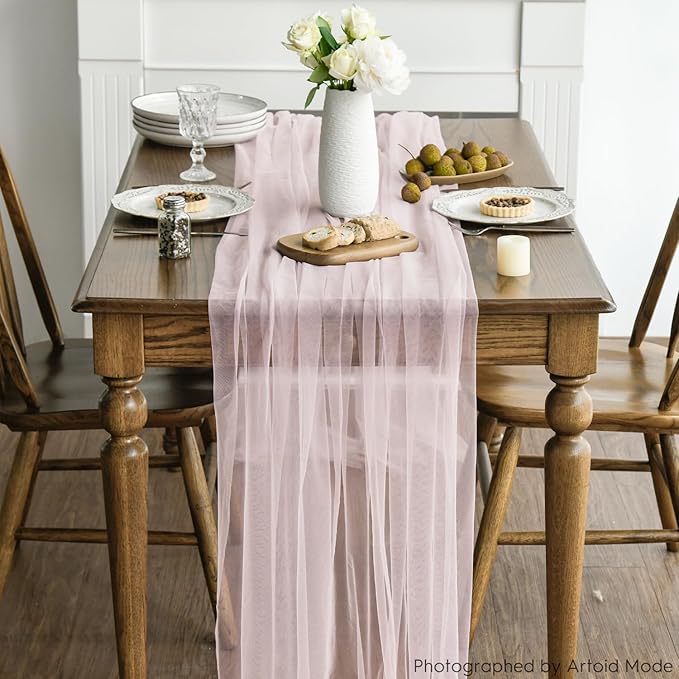 Artoid Mode 3PCS Blushing Pink Gauze Table Runner 120 Inch 10FT, Seasonal Sheer Kitchen Dining Holiday Wedding Birthday Baby Shower Table Decor for Home Party