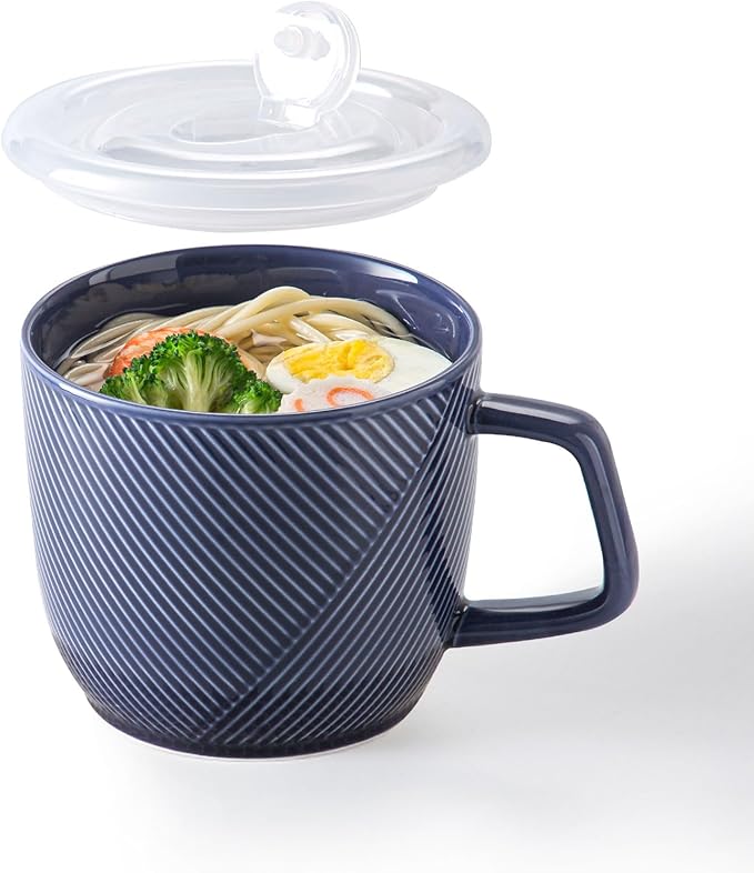 Ceramic Soup Bowl with Lid & Handle: 32 oz Microwave Safe Food Container for Ramen Noodles Cereal Leftovers - Extra Large Mugs for Breakfast Lunch Picnic Camping - Navy, Set of 1