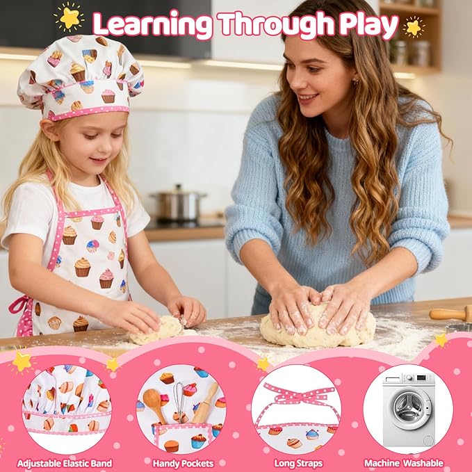 11 PCS Kids Baking Set for Girls, Chef Costume with Adjustable Apron & Hat, Pretend Play Kitchen Toys for Toddlers 3-8, Birthday Xmas Gifts for Little Chefs