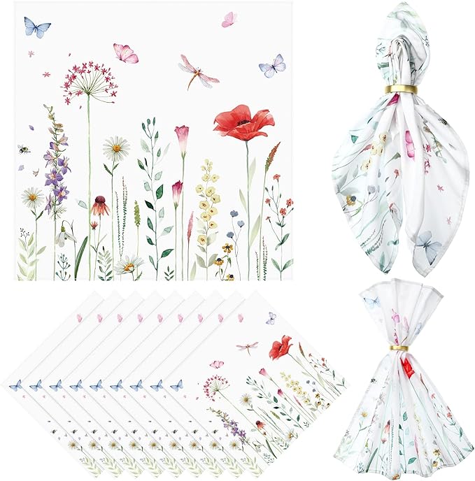 12 Pcs Spring Cloth Napkins Floral 20'' x 20'' Washable Dinner Tea Party Napkins for Kitchen Party Wedding Restaurant Indoor Outdoor Botanical Fresh Spring Summer
