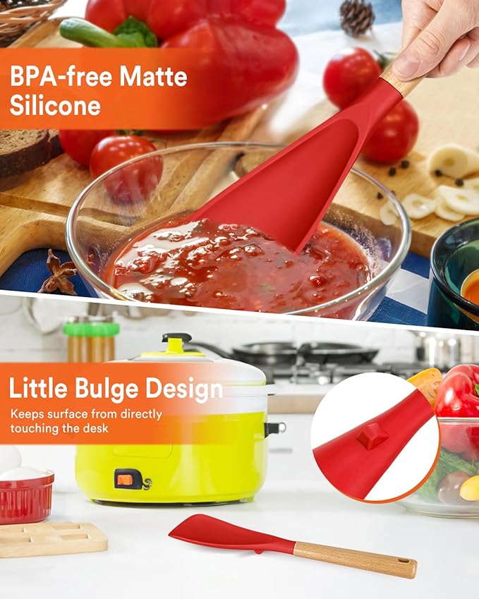 Cooking Spoon for Nonstick Cookwares, Great for Cooking and Serving Sturdy BPA-Free Matte Silicone, Wood Handle Spoon for Mixing, Scoop, and Scrape (2 Pack of Red, 13.4 inch)