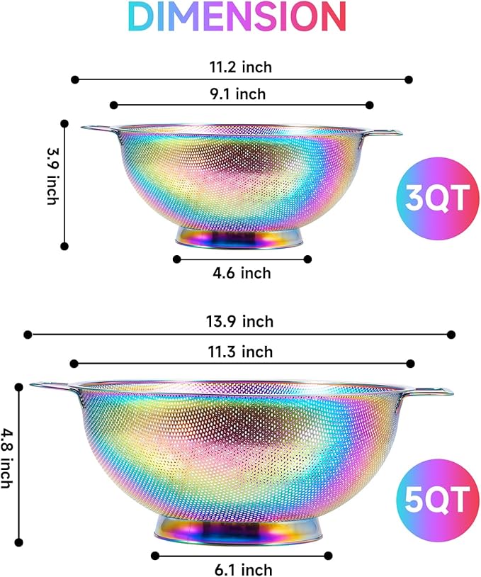 Rainbow Strainer for Kitchen, 3QT, Stainless Steel Colander with Handle for Fruits Vegetables Cooking Food, Dishwasher Safe