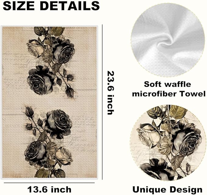 4 Pcs Black Rose Kitchen Towels, Dark Aesthetic Decorative Absorbent Microfiber Dish Cloth Tea Towel, Vintage Waffle Soft Hand Towels for Farmhouse Home Bathroom, Rose Gifts