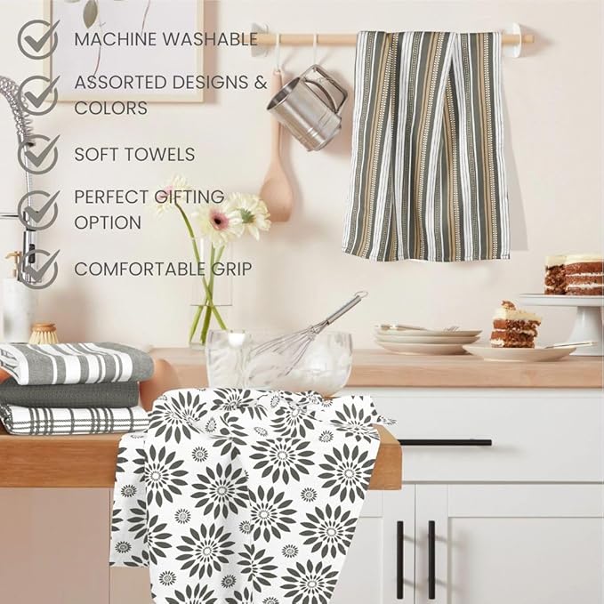 Assorted Kitchen Towels Large 16x26 inches 100% Cotton Set of 5 - Soft Absorbent Tea Towel for Kitchen - Quick Drying Dish Towels - Dish Cloths with Hanging Loop - Grey