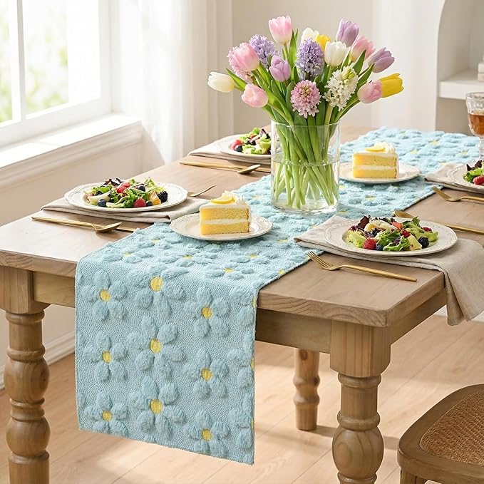Artoid Mode Blue Soft Plush Faux Fur Jacquard Embroidery Daisy Spring Table Runner, Kitchen Dining Table Decoration for Home Party Decor 13x48 Inch