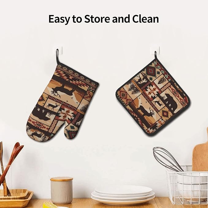 3 - Piece Brown Rustic Wildlife Oven Mitts & Pot Holders Sets, Cute Decorative Heat Resistant Kitchen Gloves and Hot Pad for Cooking Baking BBQ, Gifts for Outdoor Nature Lovers Baker Camper Stuff