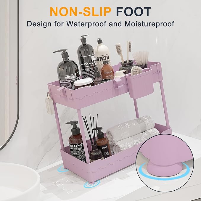Sevenblue 2 Pack Under Sink Organizer, Under Bathroom Cabinet Organizer with Hooks Hanging Cup, Multi-Purpose Storage Shelf for Kitchen Bathroom (Pink, 14.8 Inch)