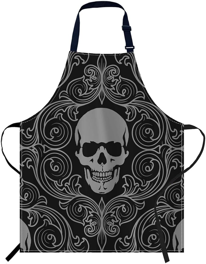 oFloral Human Skull Halloween Apron,Adjustable Neck Bib Apron for Men Women,Suitable for Kitchen Cooking Waitress Chef Apron