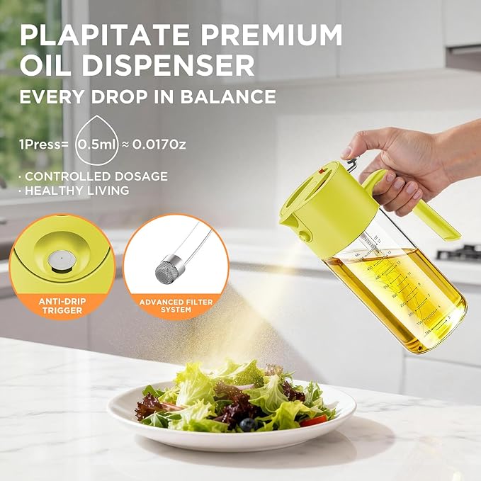 PLAPITATE 17oz/500ml Premium Olive Oil Sprayer for Cooking, 2 in 1 Glass Olive Oil Dispenser Bottle for Kitchen Gadgets, Spray Bottle with Portion Control for Salad, Frying, BBQ (Lime Yellow)