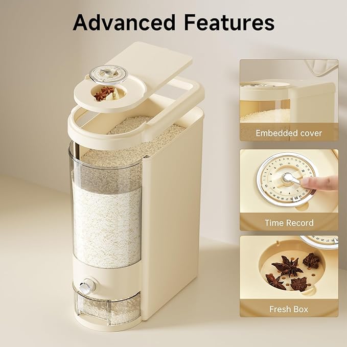 Rice Dispenser 20 lbs | Large Rice Storage Container for Kitchen&Pantry - Space-saving, Moisture & Pest-proof, BPA-Free - Dry Food Dispenser with One-Touch Dispenser & Measuring Cup for Families