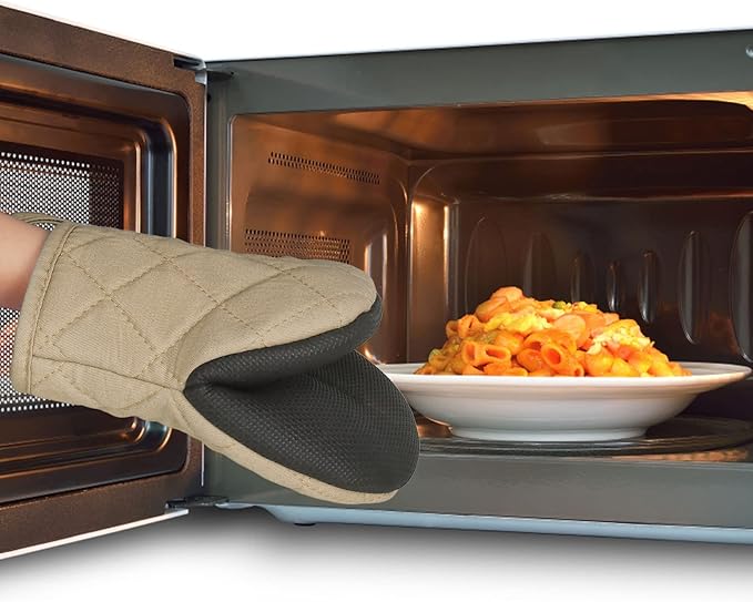 Short Oven Mitts, Heat Resistant 500°F, Silicone Grip Kitchen Gloves, Non-Slip for Baking, Grilling, BBQ, Machine Washable with Hanging Loop, 2-Pack Set, Light Brown